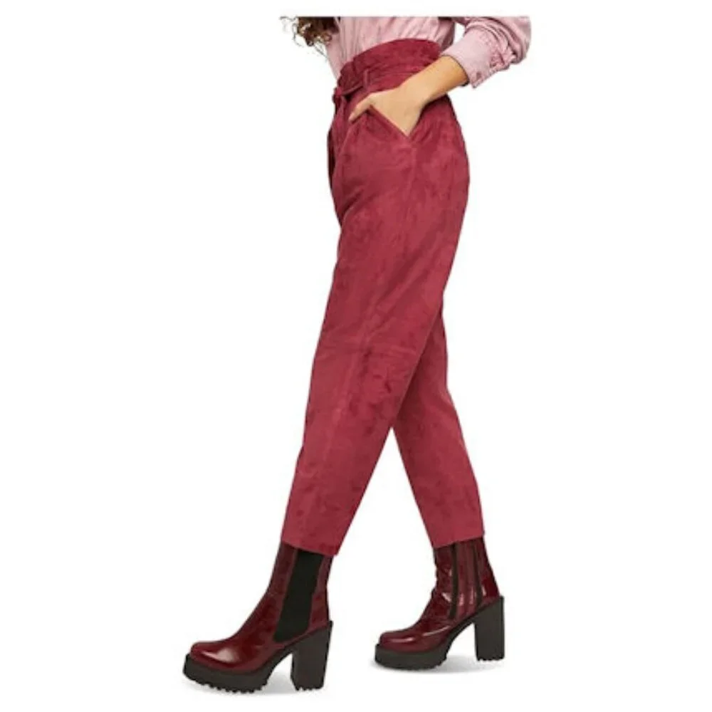 Free People Womens Red Faux Suede Belted Cropped Pants Size: 6 NWT